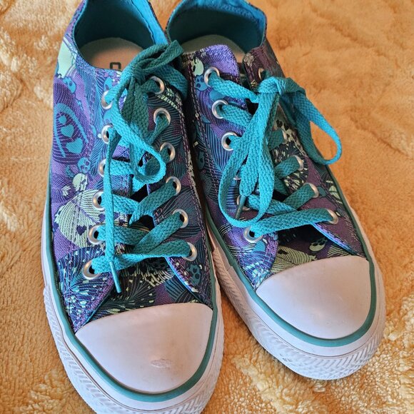 Women's Blue & Purple Tropical Skull Converse Low Top Shoes Canvas Sneakers Sz 7 - Picture 2 of 11